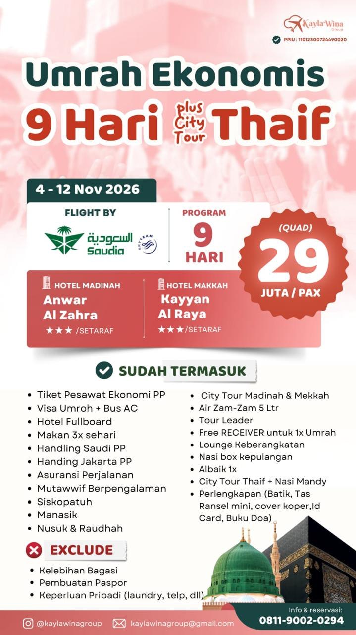 Umrah Ekonomis 9D + City Tour Thaif