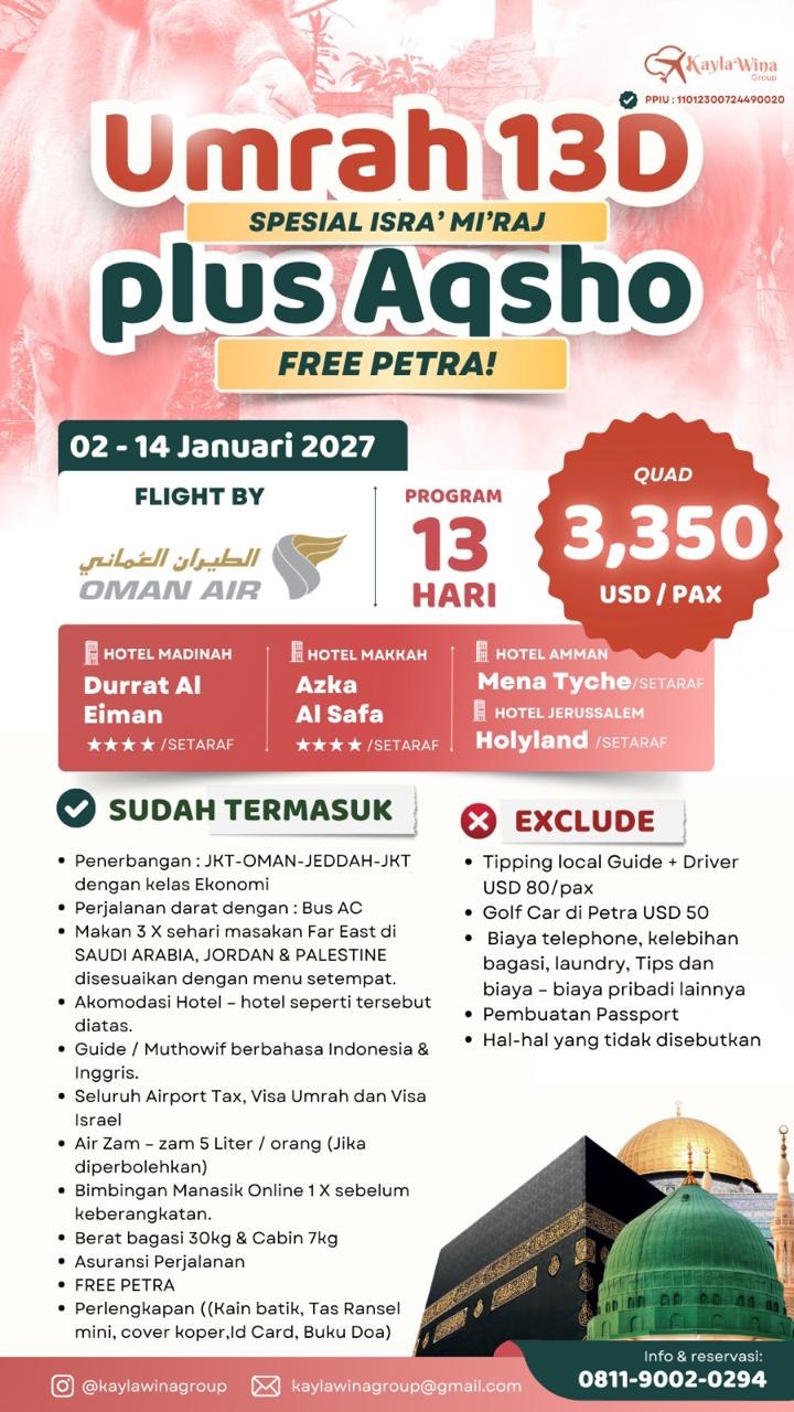 Umrah 13D Spesial Isra Mi'raj + Aqsho + FREE Petra